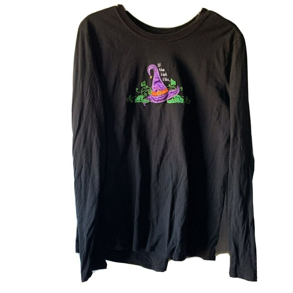 halloween top womens xl long sleeve black embroidered witch hat Size XL 16 18
